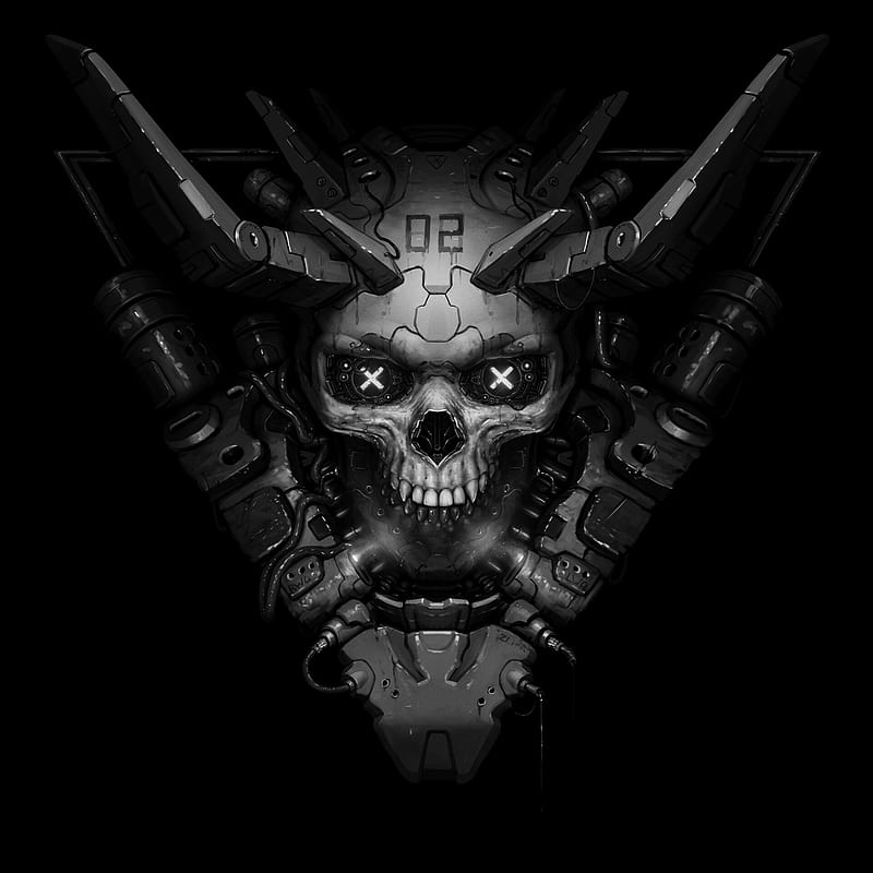 monochrome, skull, horns, robot, cyber, HD phone wallpaper
