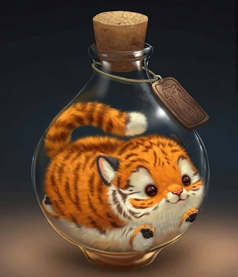 Tiger in a Bottle, cute, jar, animal, parcel, HD phone wallpaper