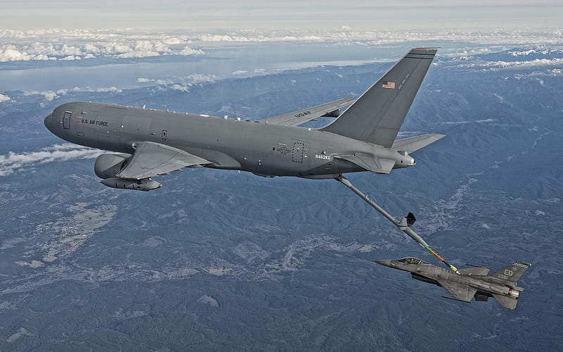 Boeing KC-46 Pegasus, military aerial refueling aircraft, US Air Force, strategic military transport aircraft, US military aircraft, aircraft refueling in the air, General Dynamics F-16 Fighting Falcon, USA, HD wallpaper