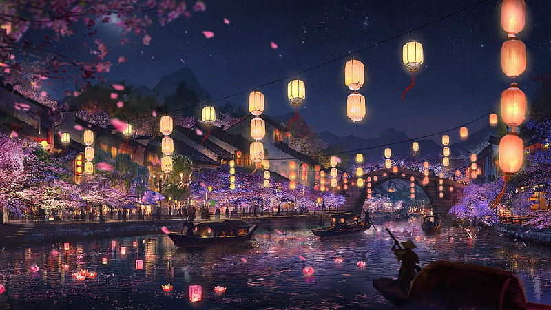Fantasy, Oriental, Boat, River, HD wallpaper