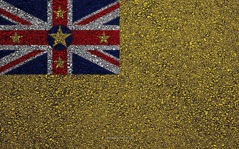 Flag of Niue, asphalt texture, flag on asphalt, Niue flag, Oceania, Niue, flags of Oceania countries, HD wallpaper