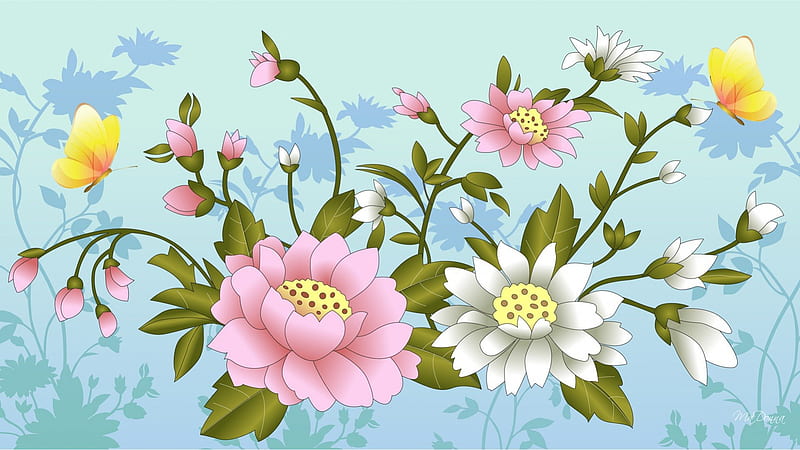 Floral Romance, perfume, flowers, fragrant, soft, butterflies, spring, peony, summer, papillon, flowers, shadows, pastel, blue, HD wallpaper