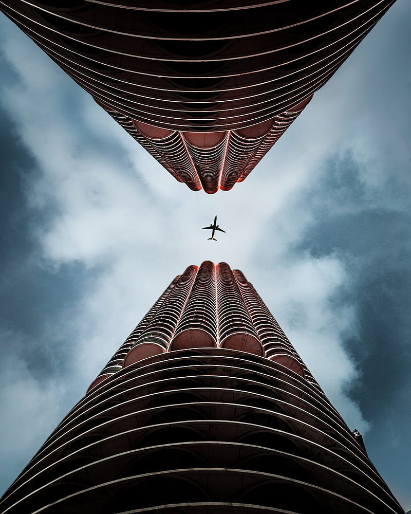 plane, skyscrapers, bottom view, sky, architecture, HD phone wallpaper