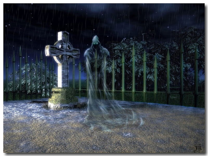 The Ghost at the grave, death, spook, dark art, graphics, grave yard, grave, fantasy, ghost, dark, HD wallpaper