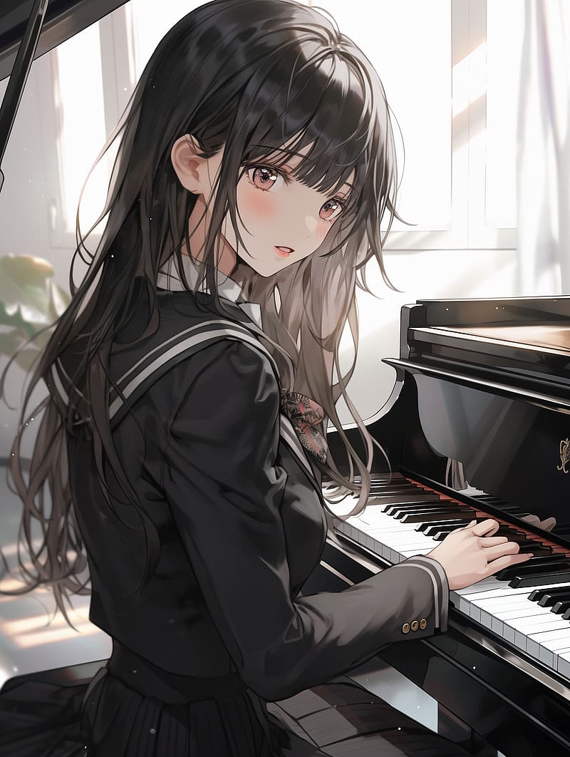 anime girl playing the piano, meadow, universe, galaxy, light particles -  SeaArt AI