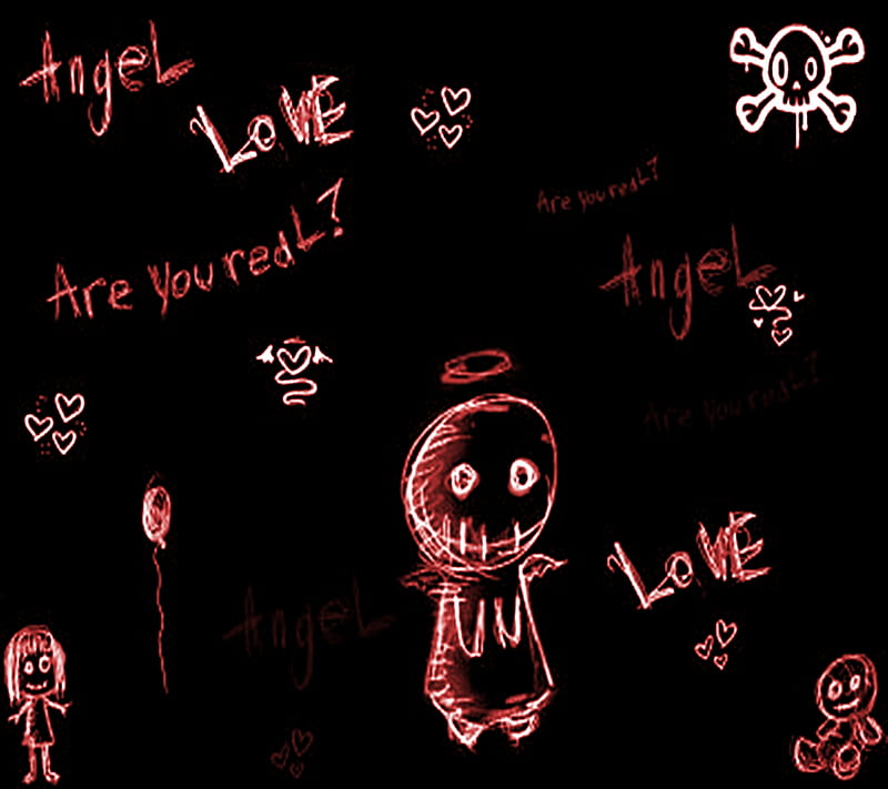 Little Angel, angel, dark, doll, drawing, emo, heart, love, red, skull, HD wallpaper
