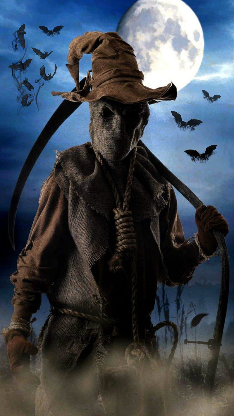 Scarecrow Reaper, halloween, horror, bats, sickle, reaper, scary, noose, fall, scarecrow, HD phone wallpaper