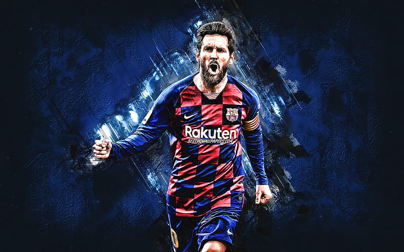 Lionel Messi, FC Barcelona, Catalan Football Club, portrait, Leo Messi, Argentinean soccer player, blue stone background, Champions League, HD wallpaper