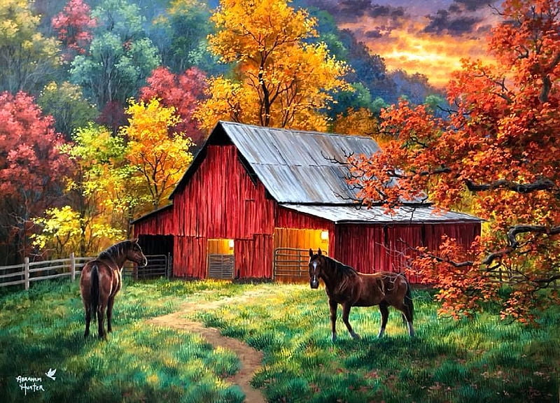 Autumn Sunset, rural, fall season, autumn, colors, love four seasons, farms, attractions in dreams, trees, horses, countryside, paintings, sunsets, nature, fields, HD wallpaper