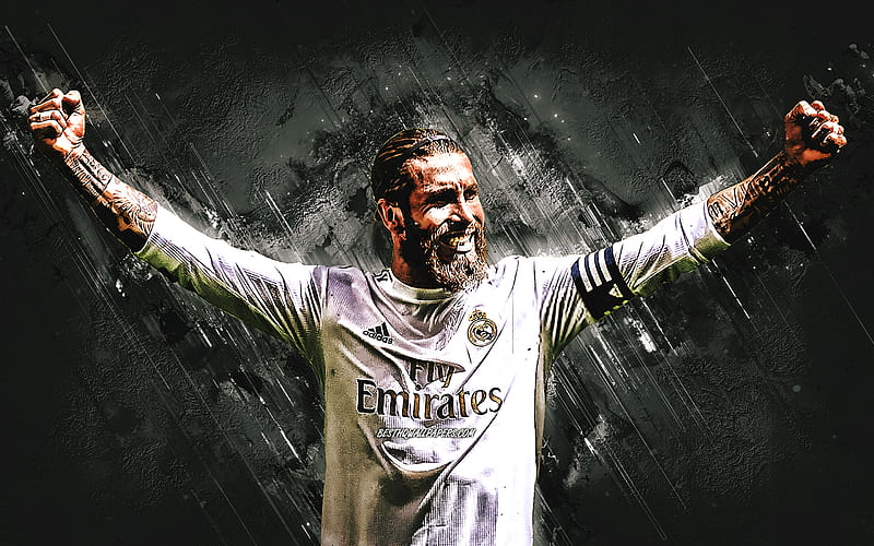 Sergio Ramos, Spanish footballer, Real Madrid, La Liga, Champions, gray stone background, football, HD wallpaper