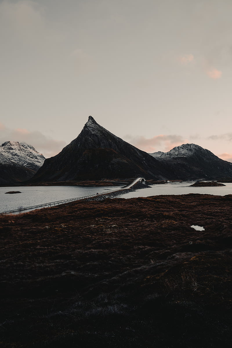 fjord, mountains, bridge, crossing, lofoten, norway, HD phone wallpaper
