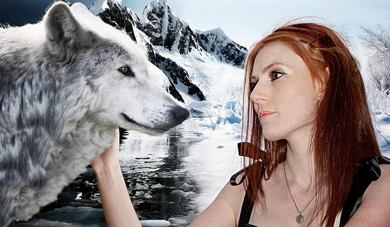 Winter Melody, wolf, woman, snow, winter, HD wallpaper