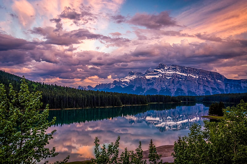 Two Jack Lake, Alberta, Canada, banff np, mountains, sunset, trees, clouds, sky, HD wallpaper