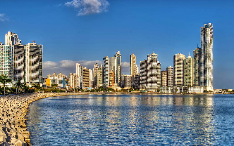 Panama City, skyscrapers, sunset, bay, modern buildings, Pacific Ocean, Panama, HD wallpaper