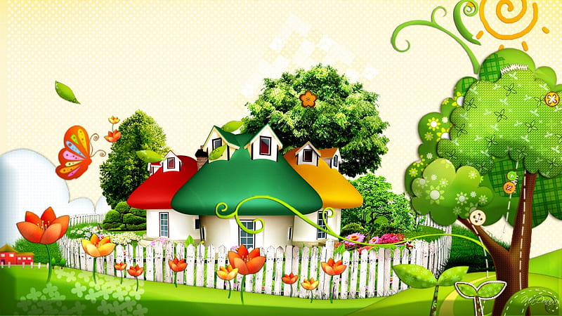 Bright Summer Scene, fence, cottage, houses, butterflies, spring, trees, abstract, yard, happy, flowers, HD wallpaper