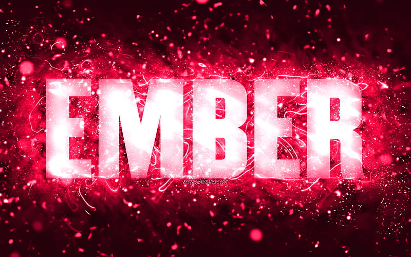Happy Birtay Ember, pink neon lights, Ember name, creative, Ember Happy Birtay, Ember Birtay, popular american female names, with Ember name, Ember, HD wallpaper