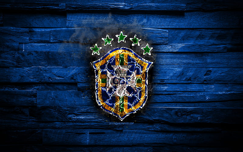 Brazilian soccer team, burning logo, Conmebol, blue wooden background, grunge, South America National Teams, Brazil, football, soccer, Brazil national football team, HD wallpaper
