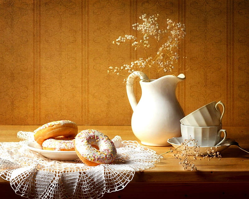 Breakfast, donut, doily, food, jar, cup, HD wallpaper
