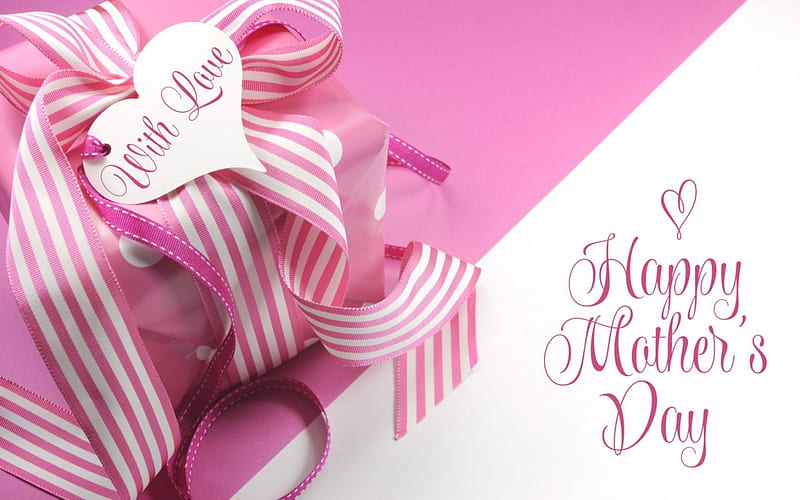 Happy Mother's Day!, ribbon, box, bow, gift, word, happy, heart, white, mother s day, pink, HD wallpaper