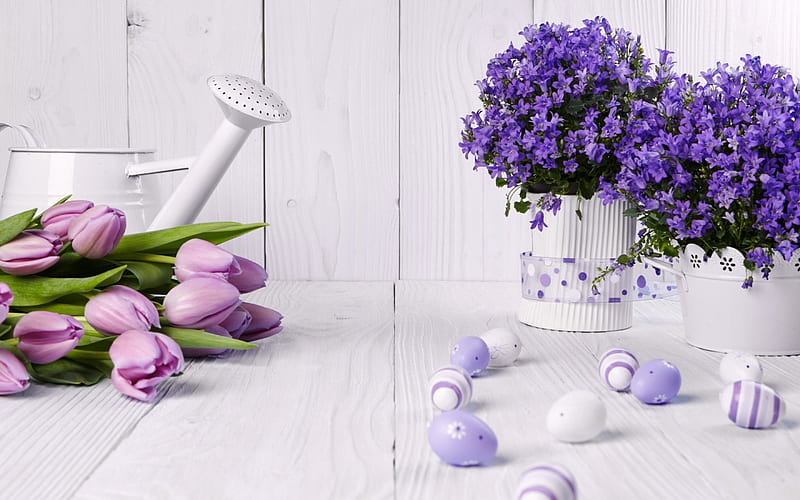 Happy Easter!, vase, easter, spring, card, egg, purple, flower, white, tulip, wood, HD wallpaper