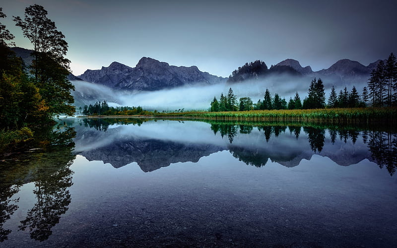 Lake Almsee, Austria, mountains, nature, trees, reflection, fog, lake, HD wallpaper