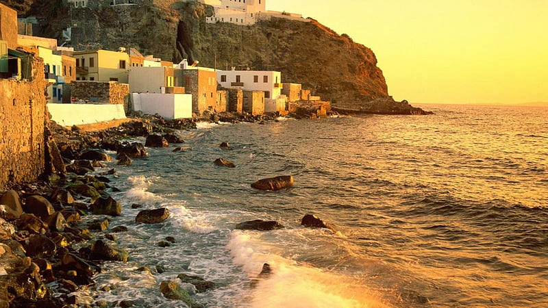 seaside on nisyros a greek island, rocks, village, sunset, coast, sea, HD wallpaper