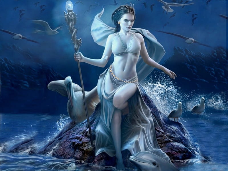 The Sea Siren, pretty, female, ocean, seagulls, Fantasy, dolphin, Orb, magical, blues, siren, Seas, Rocks, HD wallpaper