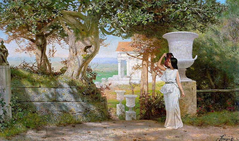 Roman Times, pillars, mediterranean, painting, bath, woman, artwork, HD wallpaper