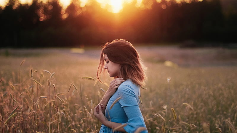 Girl Standing In Corn Field Sunset Evening , girls, model, HD wallpaper