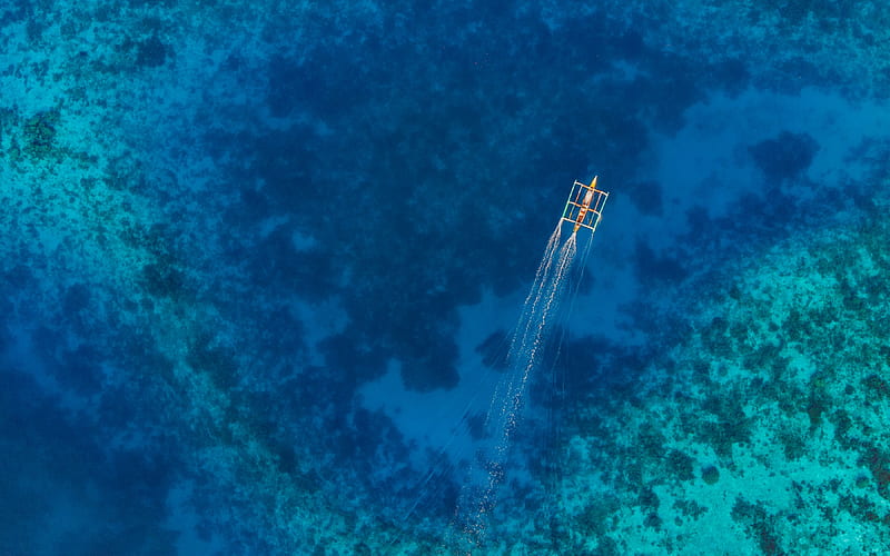 boat, water, aerial view, sea, coral reefs, HD wallpaper