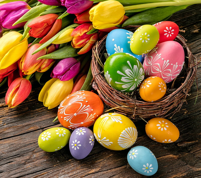 Easter, colorful, eggs, spring, tulips, HD wallpaper
