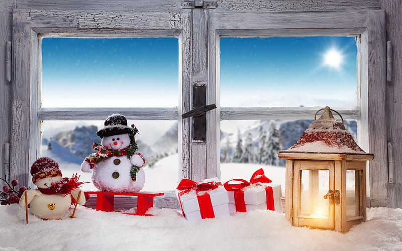 Christmas, evening, lantern, New Year, snowmen, winter, snow, xmas, HD wallpaper