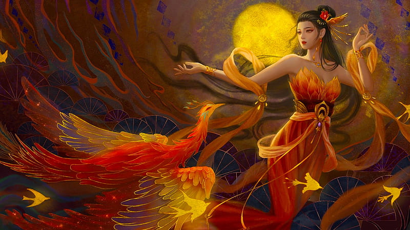 Rise of the Phoenix, art, fantasy, girl, bird, phoenix, digital, bonito, woman, orange, HD wallpaper