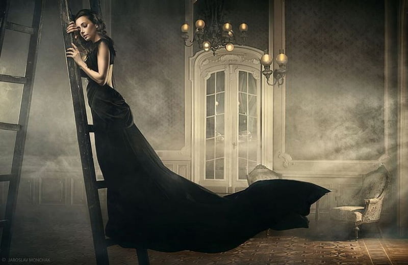 Black Dress, scenary, women, gothic, dark, room, fashion, classic, light, style, HD wallpaper