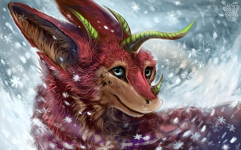 Dragon, art, fantasy, luminos, flashw, pink, winters snowstorm, horns, HD wallpaper