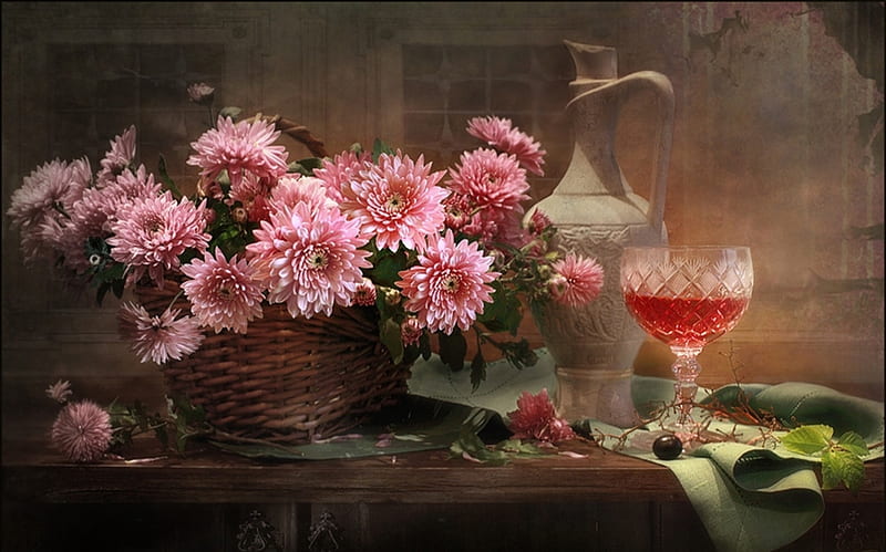 Still life, pretty, autumn, chrysanthemum, pitcher, bonito, graphy, nice, flowers, drink, beauty, season, pink, harmony, lovely, wine, colors, delicate, glass, red wine, cool, bouquet, basket, flower, chrysanthemums, petals, HD wallpaper