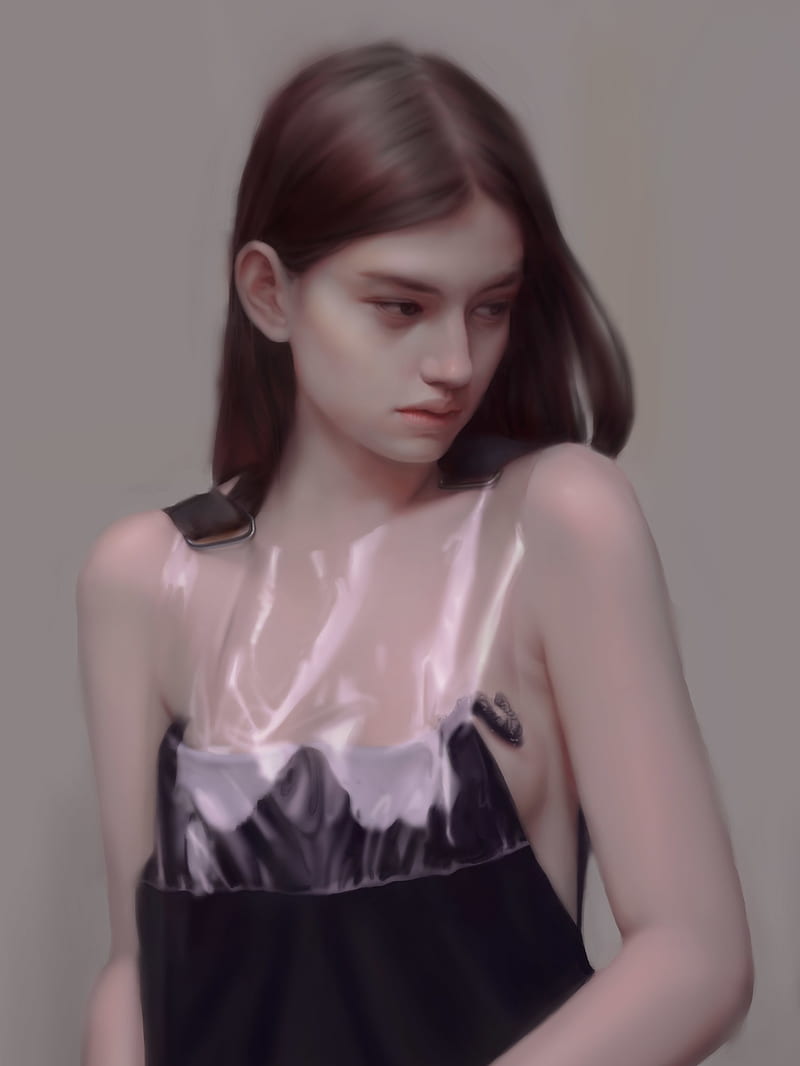 illustration, women, bare shoulders, dark hair, artwork, sideboob, no bra, HD phone wallpaper
