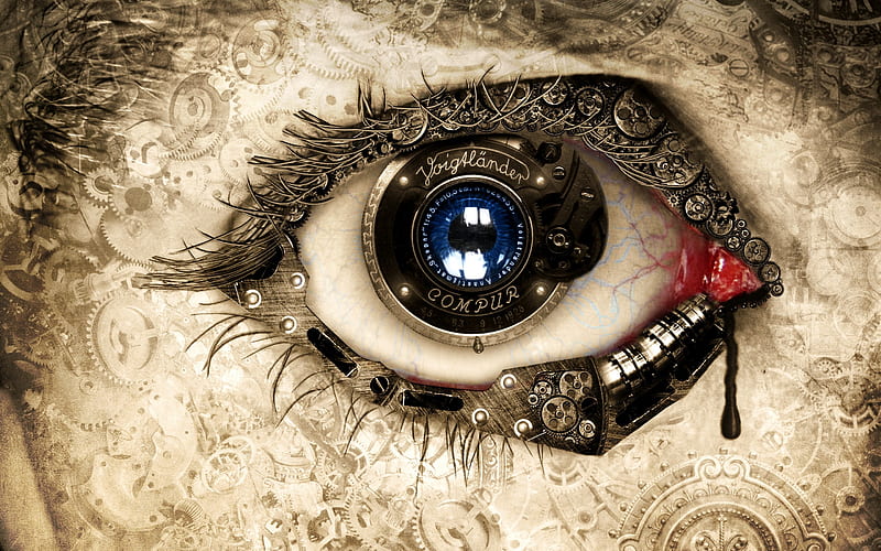 human eye, mechanic concept, art, creative, gears, HD wallpaper