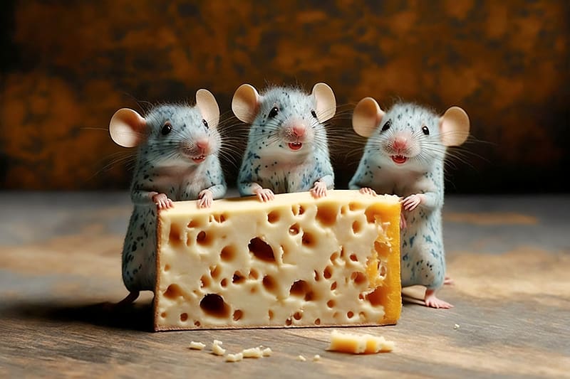 Three Mice eating cheese, mice, three, cheese, cg, HD wallpaper