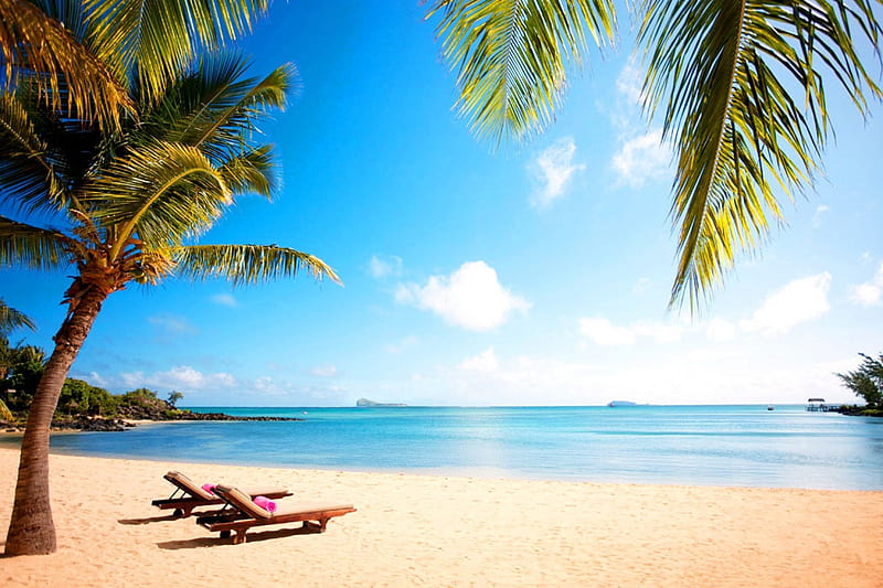 Mauritius Beach, sunlounger, shore, sun, clouds, sea, beach, sand, tropic, SkyPhoenixX1, reflection, vacation, Mauritius, holiday, ocean, waves, sky, sun chair, palms, tree, water, paradise, summer, sunshine, nature, tropical, coast, HD wallpaper