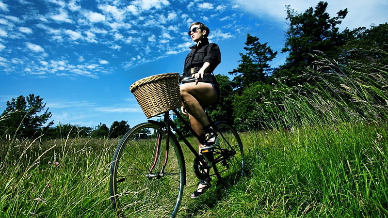 •ღ✿ღ•, bicycle, pretty, nature, woman, HD wallpaper