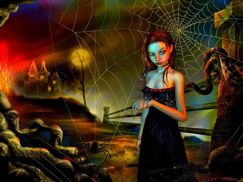 Halloween, red, dress, lantern, cemetery, black, spider, tree, moon, girl, web, scary, light, night, HD wallpaper