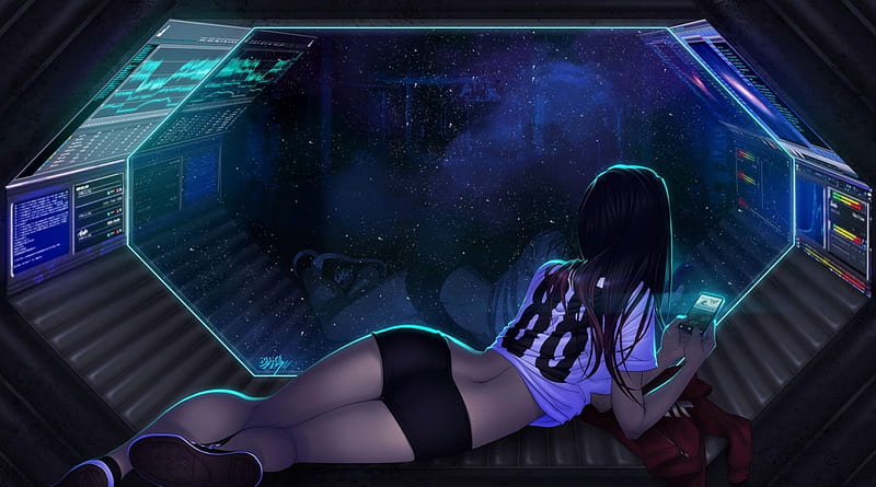 Relaxation, space, cute, girl, gaming, new, cyber, space station, 2015, HD wallpaper