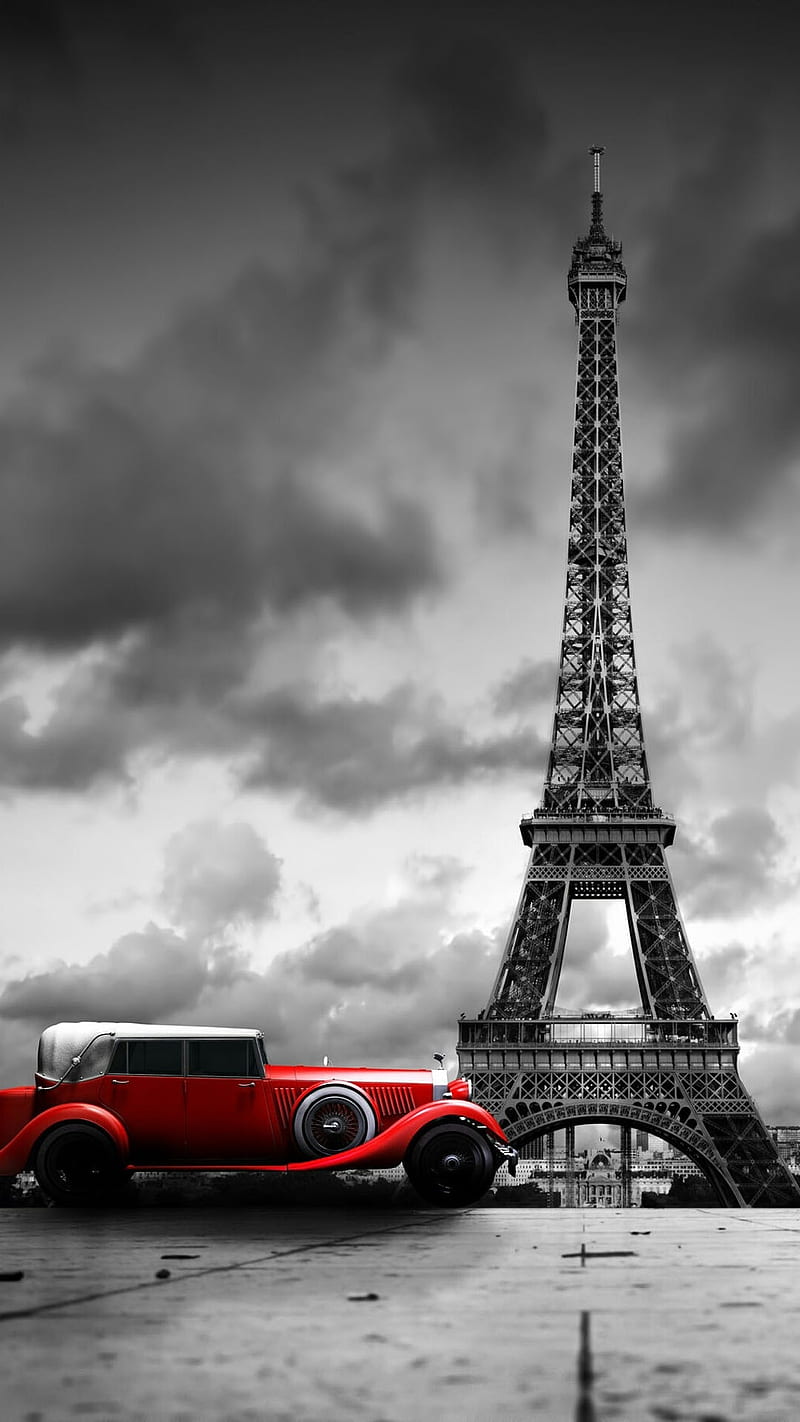 paris, car, red, tour, tower, HD phone wallpaper