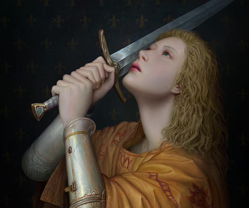 Joan of Arc, luminos, jeanne darc, girl, face, kunlin lee, sword, art, armor, fantasy, HD wallpaper