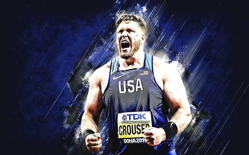 Ryan Crouser, american athlete, American shot putter, Olympic champion, USA, blue stone background, grunge art, HD wallpaper
