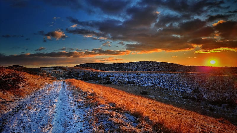 Beautiful Boise Idaho sunset - Foothill trails, snow, clouds, colors, landscape, sky, road, usa, HD wallpaper