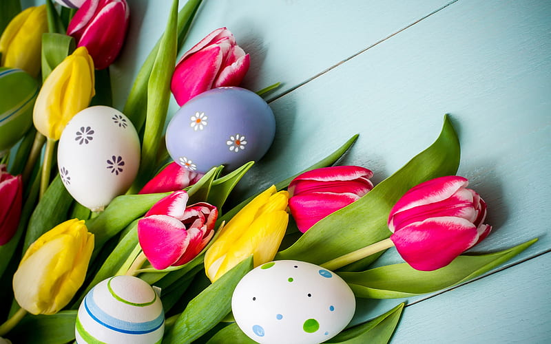 Easter, tulips, spring flowers, painted eggs, blue boards, easter decoration, HD wallpaper