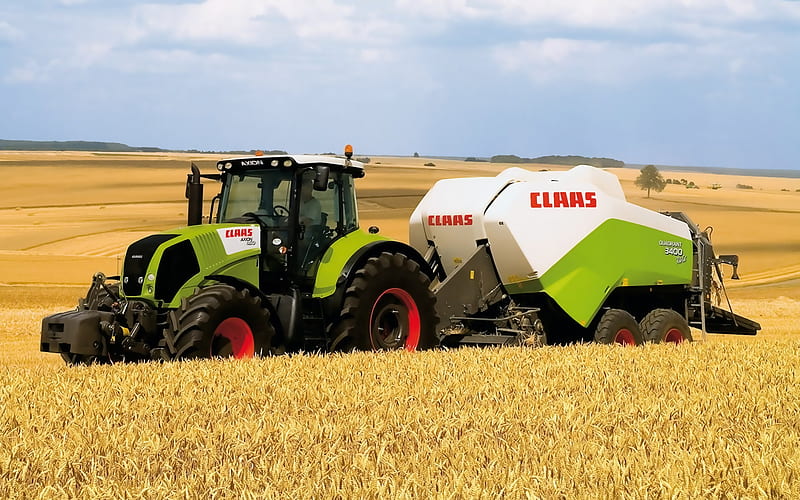 Claas Axion 850, Claas Quadrant 3400, straw harvesting, modern agricultural machinery, tractor, wheat field, wheat harvesting concepts, HD wallpaper