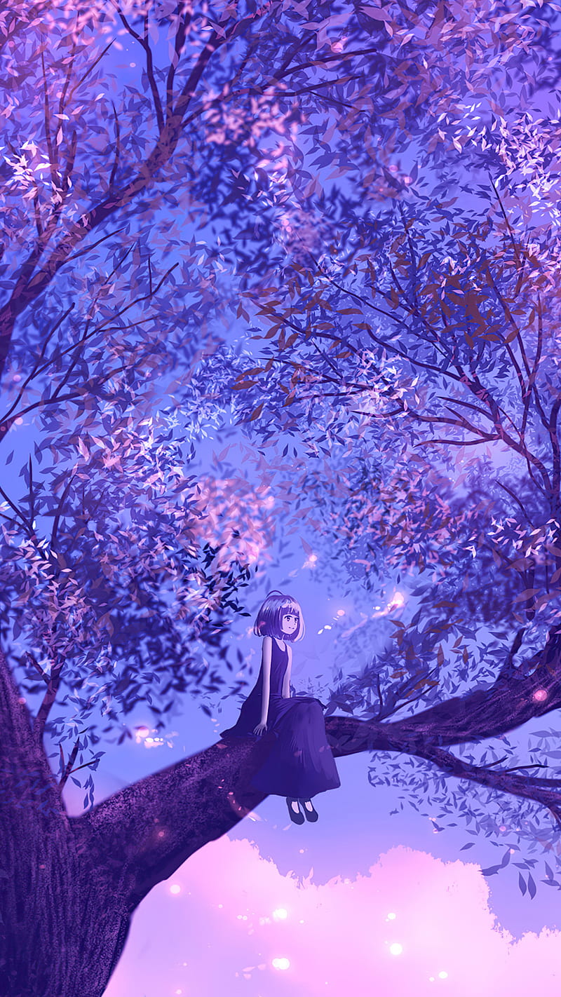 Animated , girl, tree, purple, HD phone wallpaper